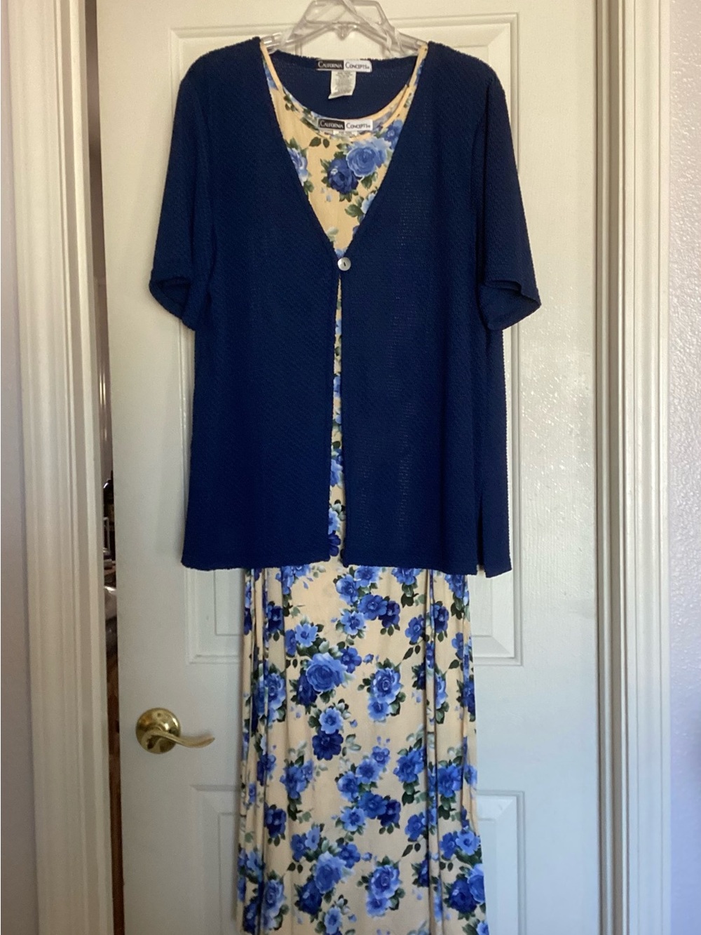 Women’s Blue Floral Strapless Dress with Navy Cardigan